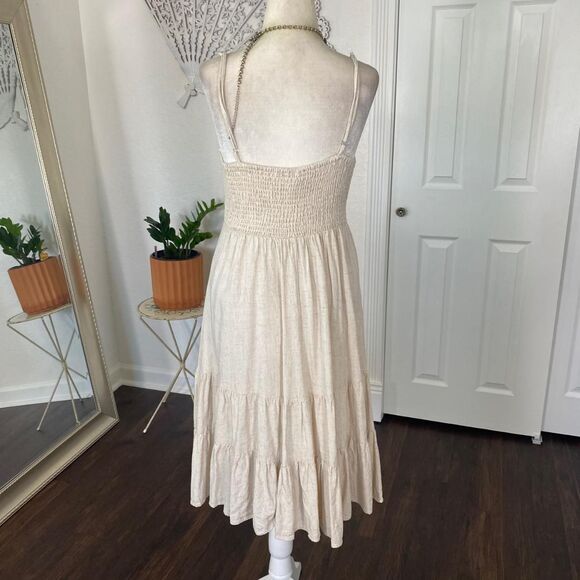 Nude Cream Linen Rayon Blend Romantic Cottage Core Linen Tiered Midi Dress S - Picture 6 of 8